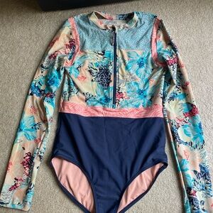 Athleta Kids Floral Long Sleeve One Piece - Blue and Pink